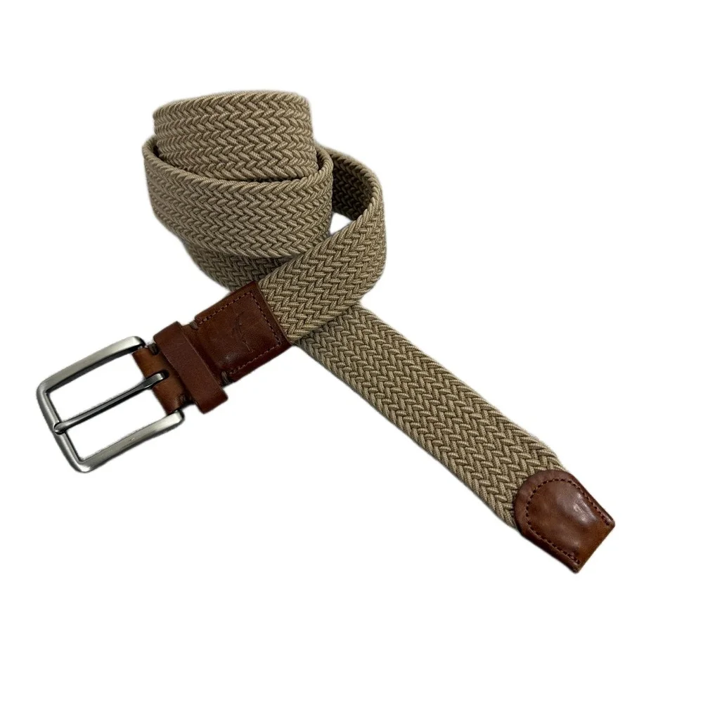 Tommy Bahama Elastic Belt Mens S/M Tan Silver Buckle Brown Leather Stretch 1.25